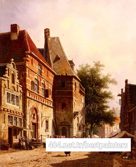 Eversen_Adrianus_A_Sunlit_Street_On_Market_Day