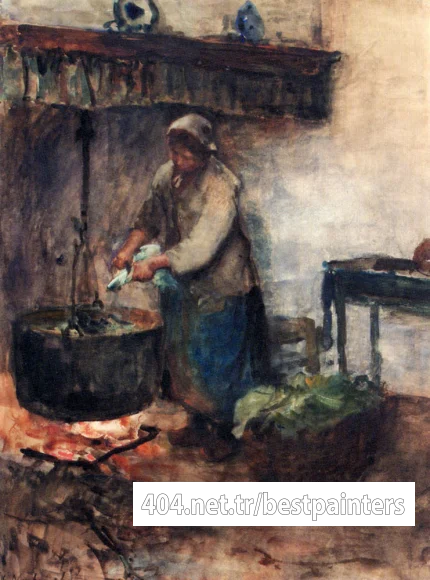 Neuhuys_Albert_A_cottage_Interior_With_A_Peasant_Woman_Preparing_Supper