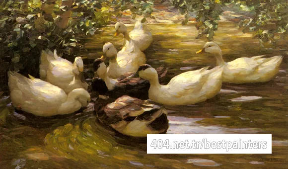 Koester_Alexander_Max_Enten_In_Wasser_Unter_Birken