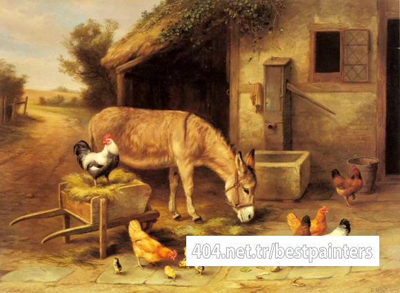 Hunt_Edgar_A_Donkey_And_Chickens_Outside_A_Stable