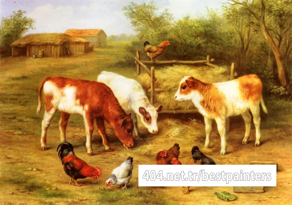 Hunt_Edgar_Calves_And_Chickens_Feeding_In_A_Farmyard