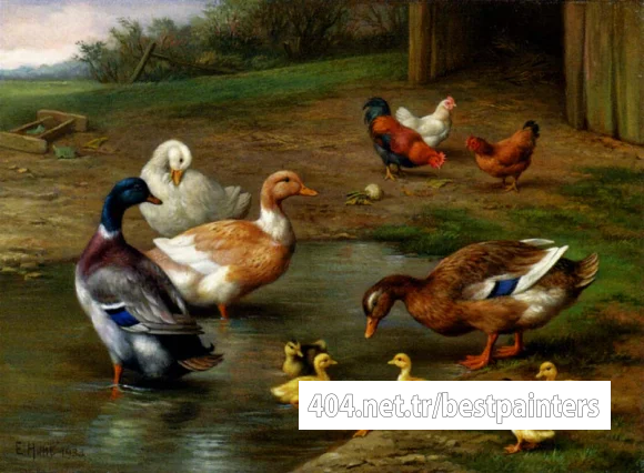 Hunt_Edgar_Chickens_Ducks_And_Ducklings_Paddling