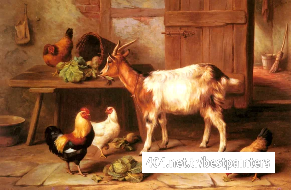 Hunt_Edgar_Goat_And_Chickens_Feeding_In_A_Cottage_Interior