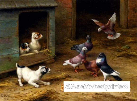 Hunt_Edgar_Puppies_And_Pigeons_Playing_By_A_Kennel