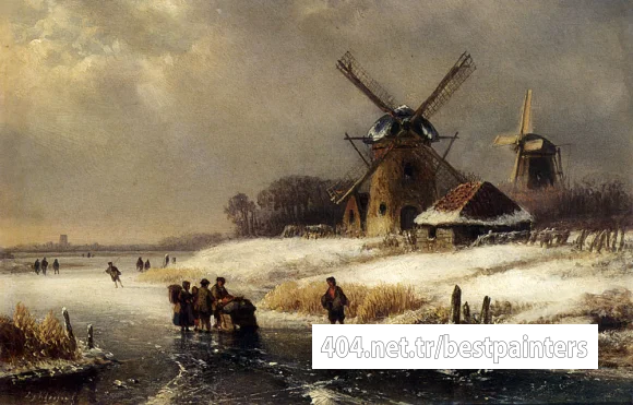 Kleijn_Lodewijk_Johannes_Figures_On_AFrozen_Waterway_By_A_Windmill