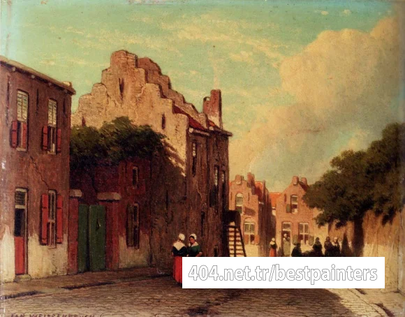 Weissenbruch_Jan_A_Sunlit_Townview_With_Figures_Conversing