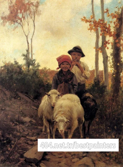 Bruzzi_Stefano_Children_With_Sheep_On_A_Path